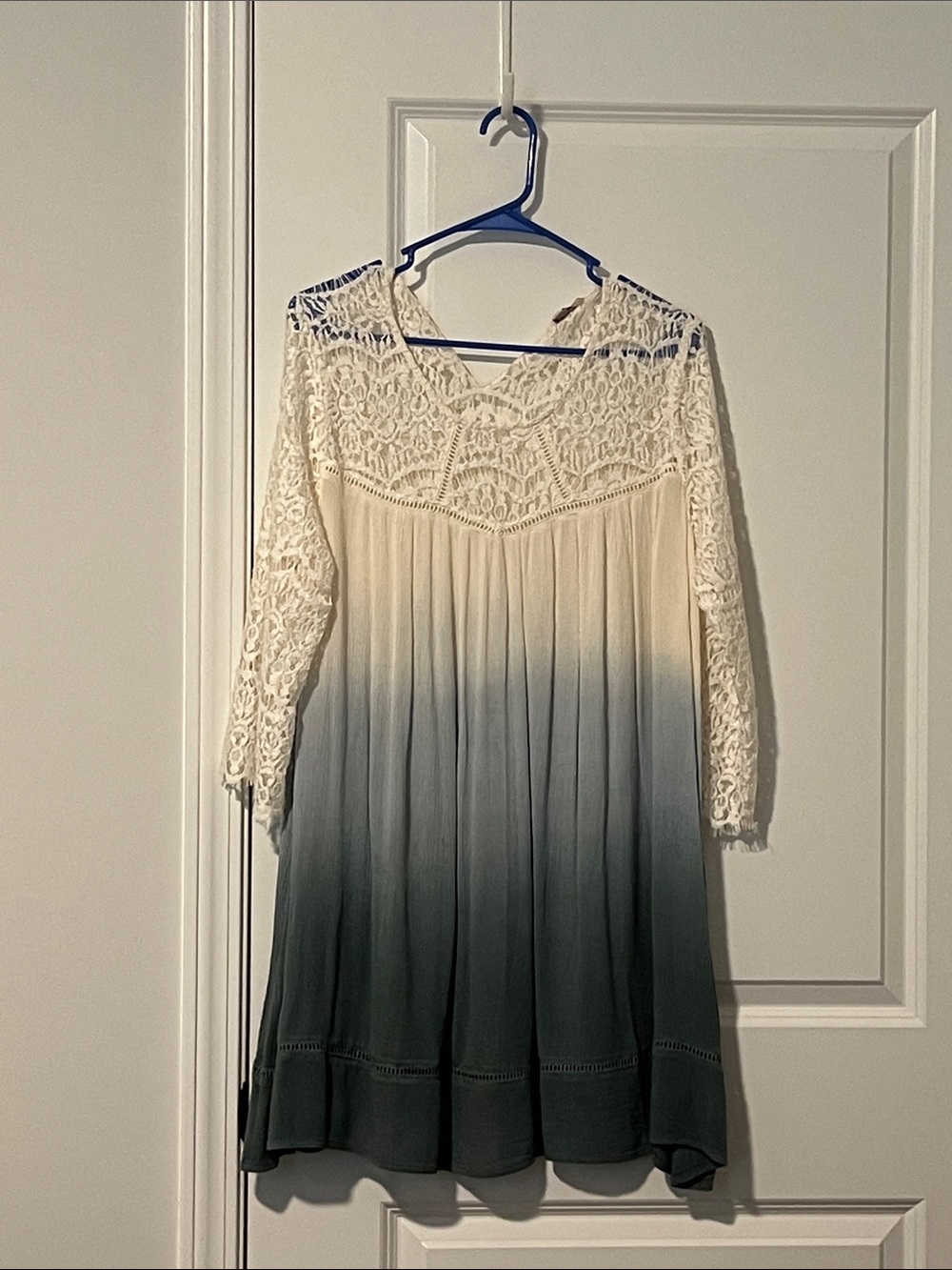 Lace Yoke Ombre Swing Dress - Cream to Blue